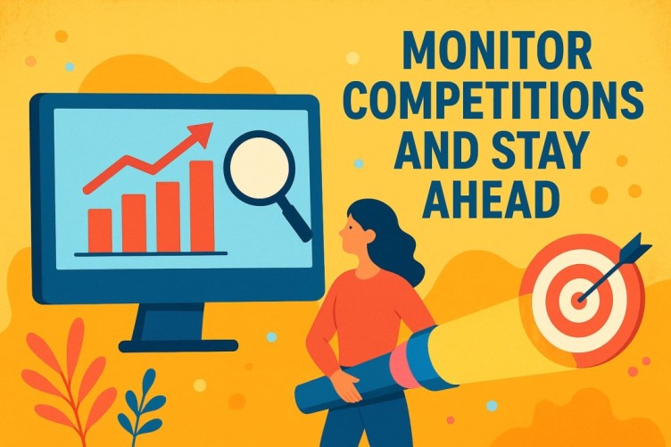 Illustration showing a businesswoman analyzing competition with charts, graphs, and a target symbol, highlighting the idea of monitoring competitors and staying ahead in business.