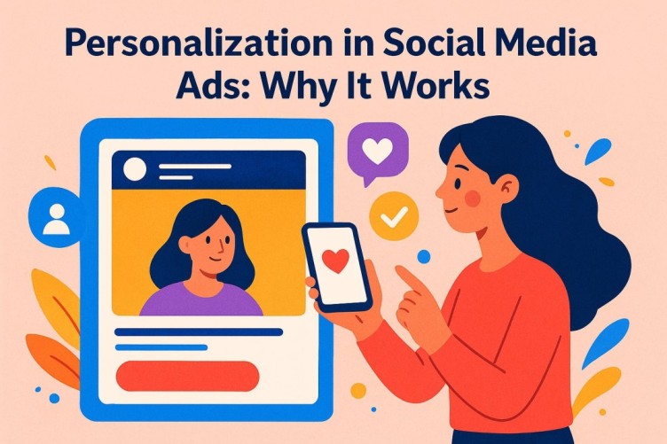 Illustration of a woman engaging with personalized social media ads on her phone, highlighting the power of personalization in marketing.