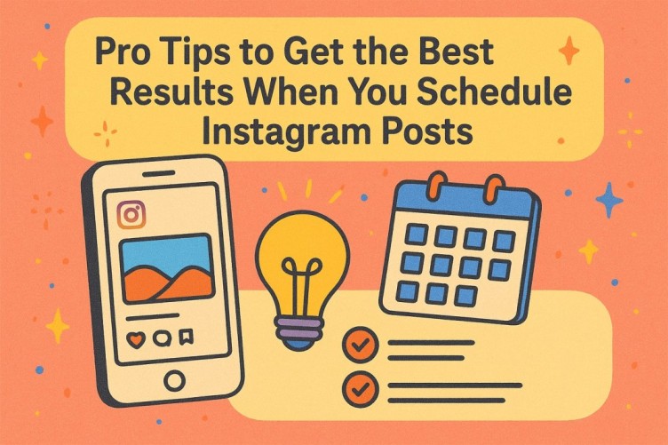 Vibrant infographic with a phone, calendar, and lightbulb showing pro tips for scheduling Instagram posts effectively.