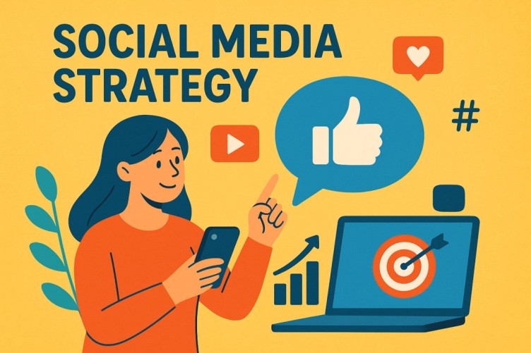 Illustration of a woman planning social media strategy with icons like thumbs-up, hashtags, and growth charts on a laptop.