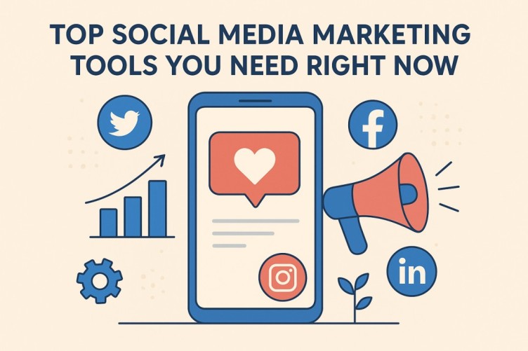 Modern flat illustration showing top social media marketing tools with icons for Facebook, Twitter, Instagram, and LinkedIn around a smartphone and megaphone.
