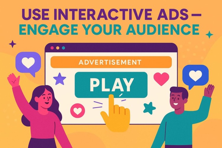 Illustration showing interactive ads with a “Play” button, featuring happy users engaging with online advertisements.